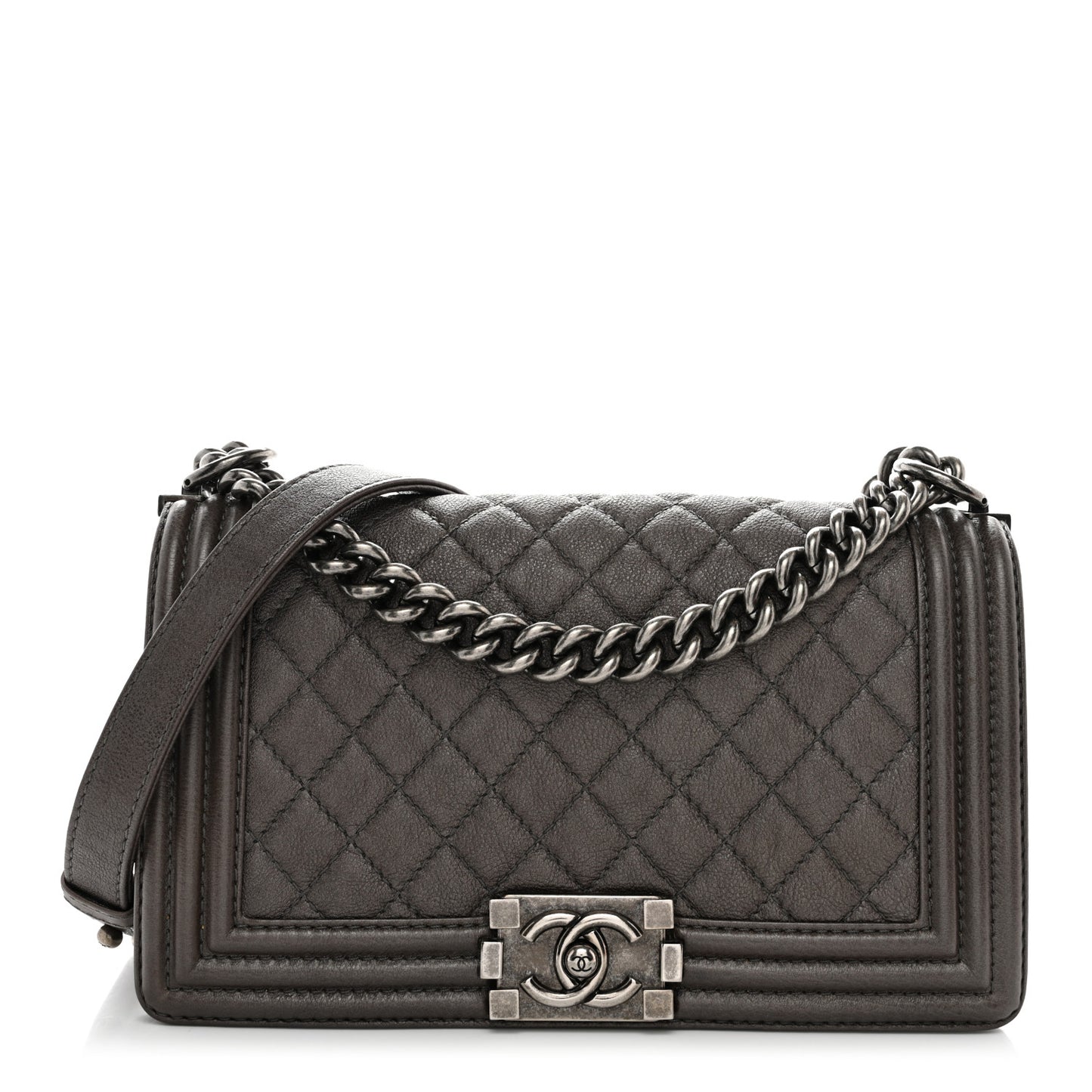 Metallic Calfskin Quilted Medium Boy Flap Dark Silver