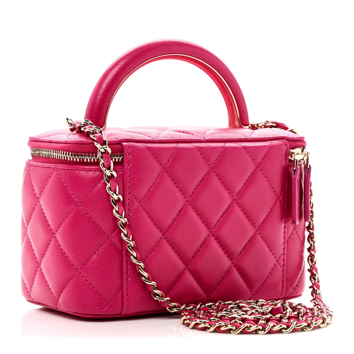 Lambskin Quilted Small Charming Top Handle Vanity Case With Chain Dark Pink