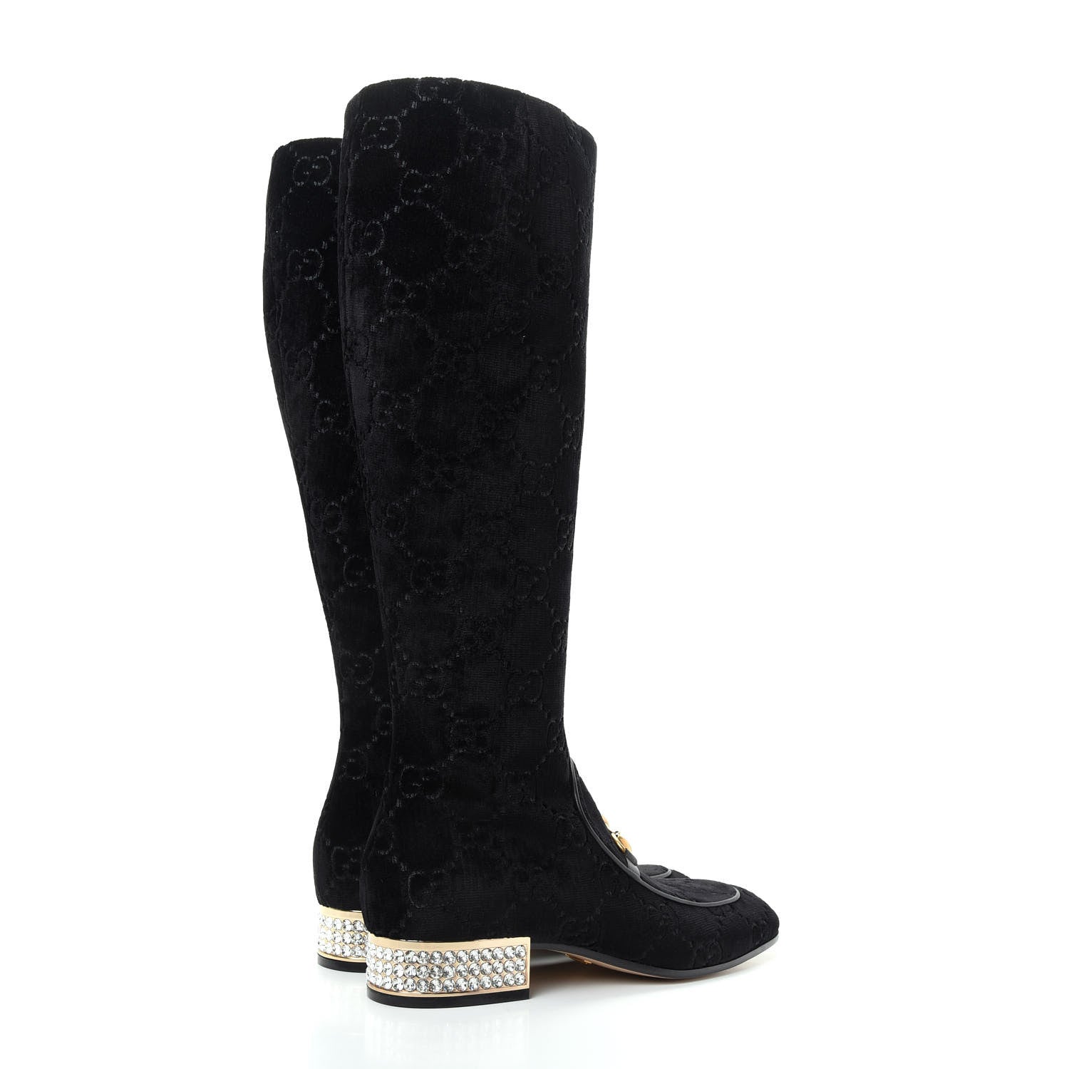 Gucci Velvet GG Monogram Crystal Horsebit Knee High Boots 40 Black 4 of 11