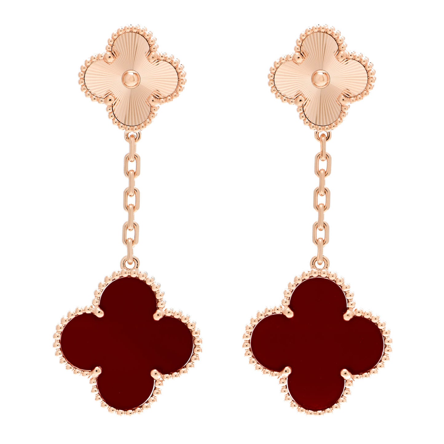 18K Rose Gold Guilloche Carnelian 2 Motifs Magic Alhambra Earrings
