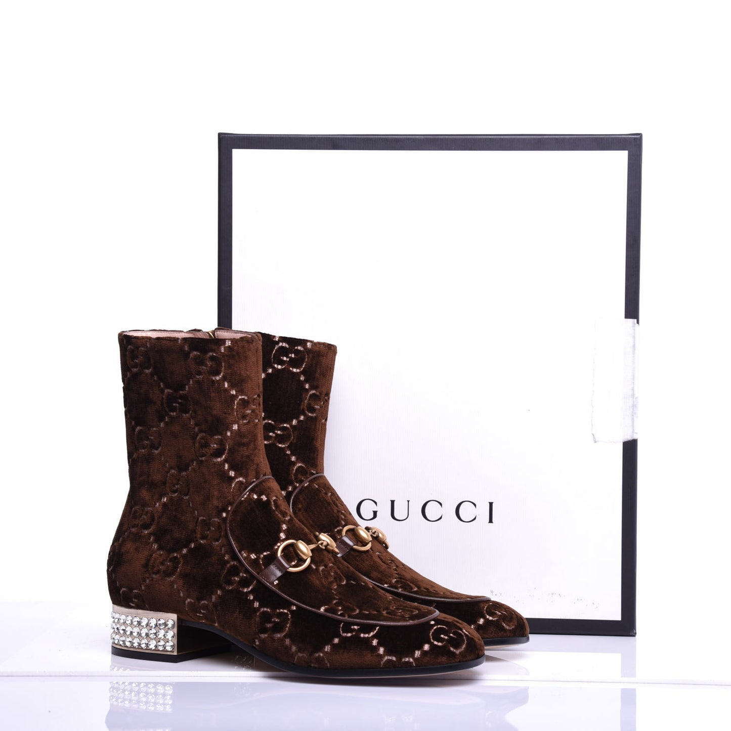 Velvet GG Monogram Crystal Horsebit Ankle Boots 38.5 Brown Vintage Cocoa