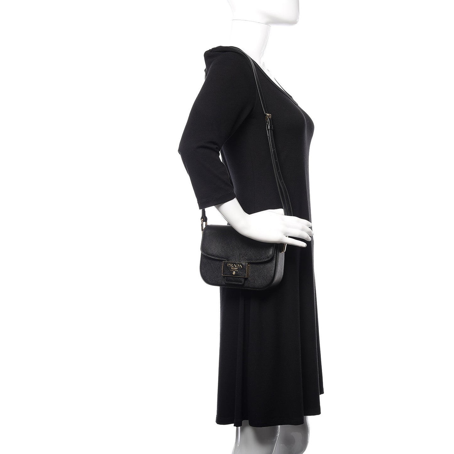 Saffiano Lux Embleme Flap Shoulder Bag Black