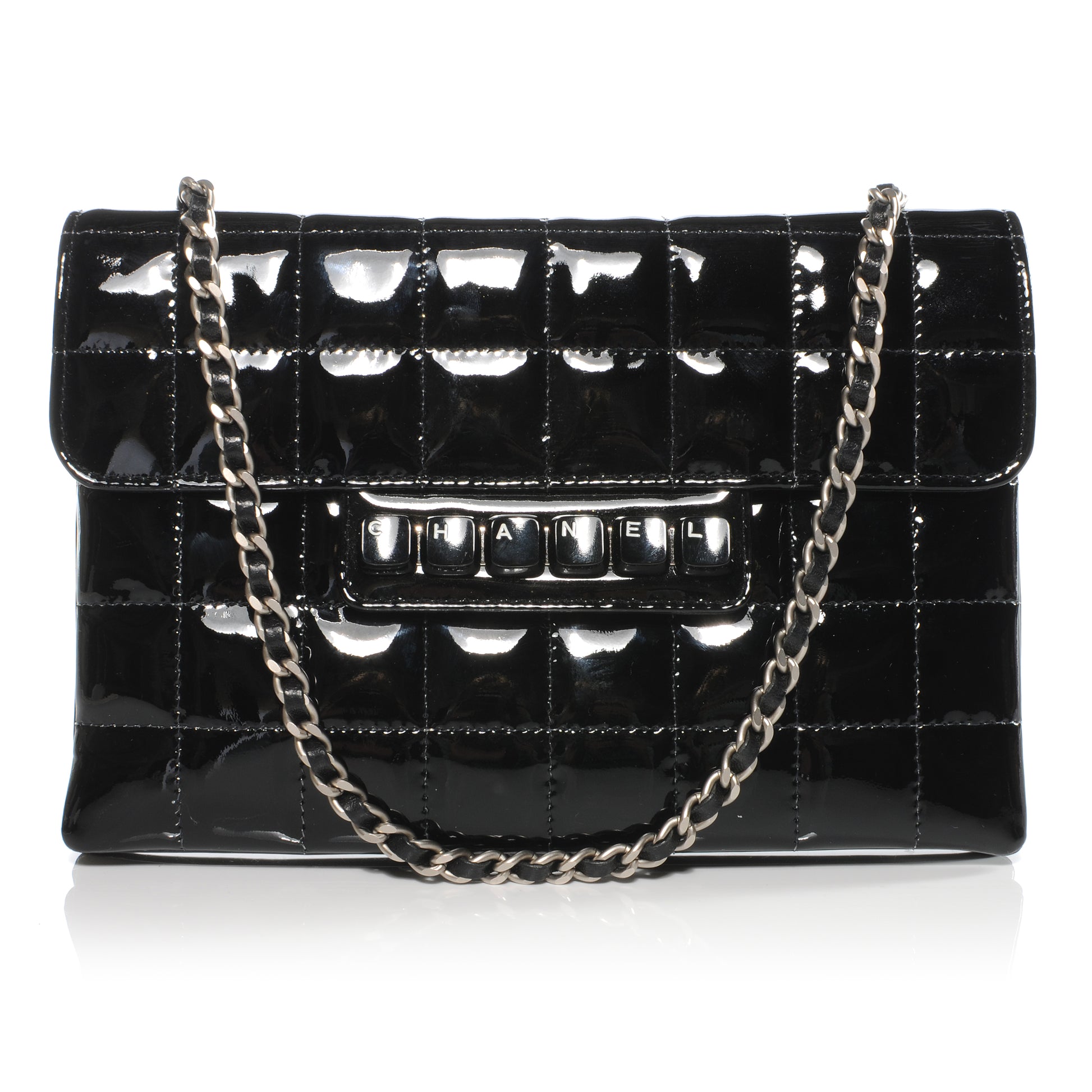 Chanel Patent Chocolate Bar Quilted Computer Keys Flap Black 1 of 9