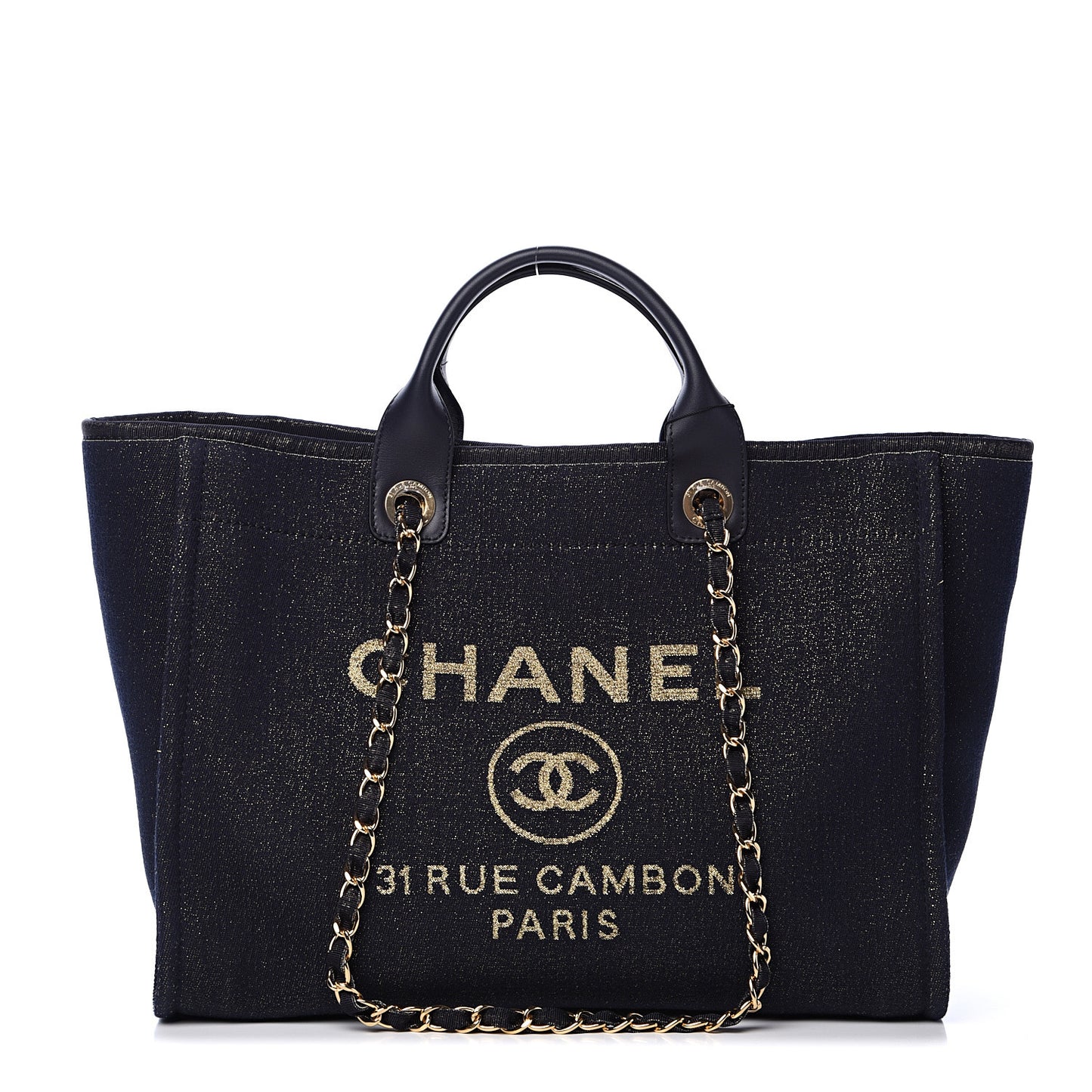 Lurex Canvas Medium Deauville Tote Navy Blue Gold