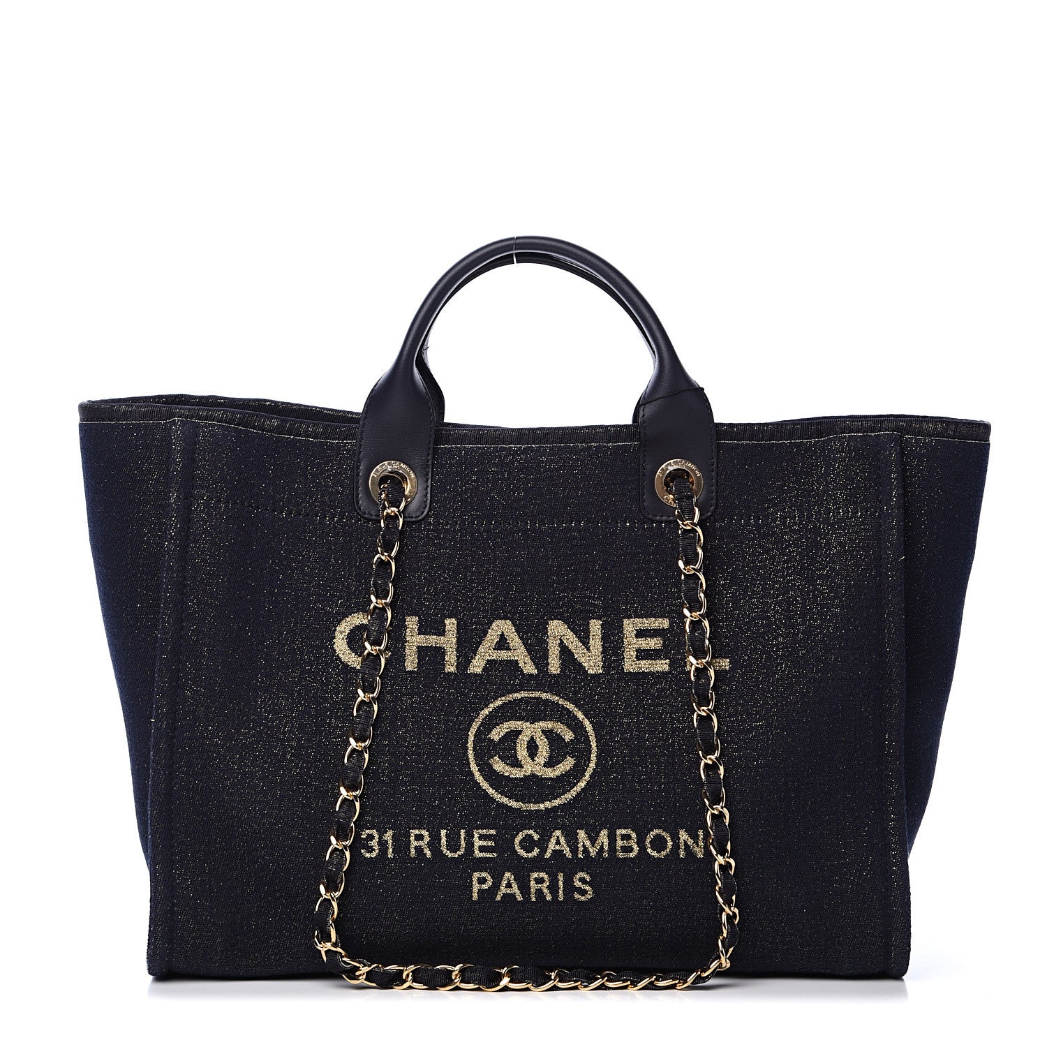 Chanel Lurex Canvas Medium Deauville Tote Navy Blue Gold 1 of 11