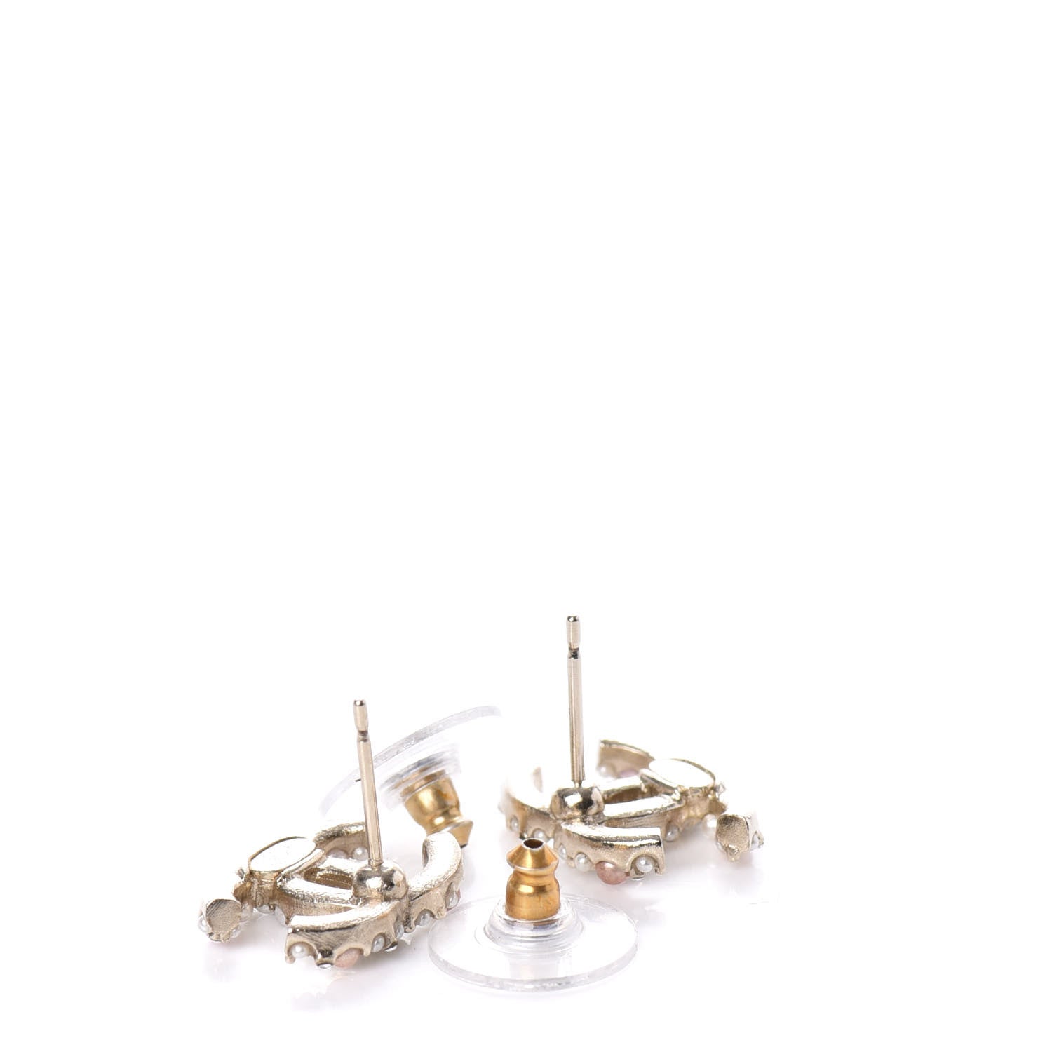 Chanel Pearl Crystal CC Charms Stud Earrings Light Gold Pink 4 of 5