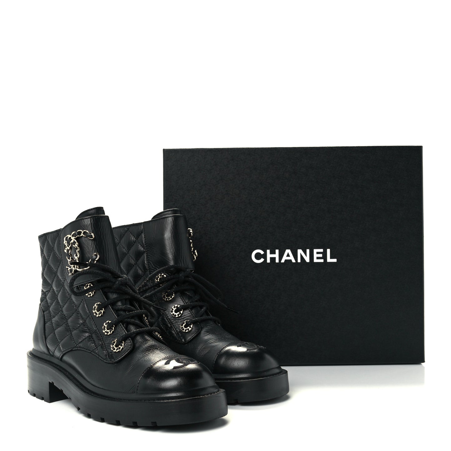 Lambskin Calfskin Quilted Lace Up Combat Boots 35.5 Black