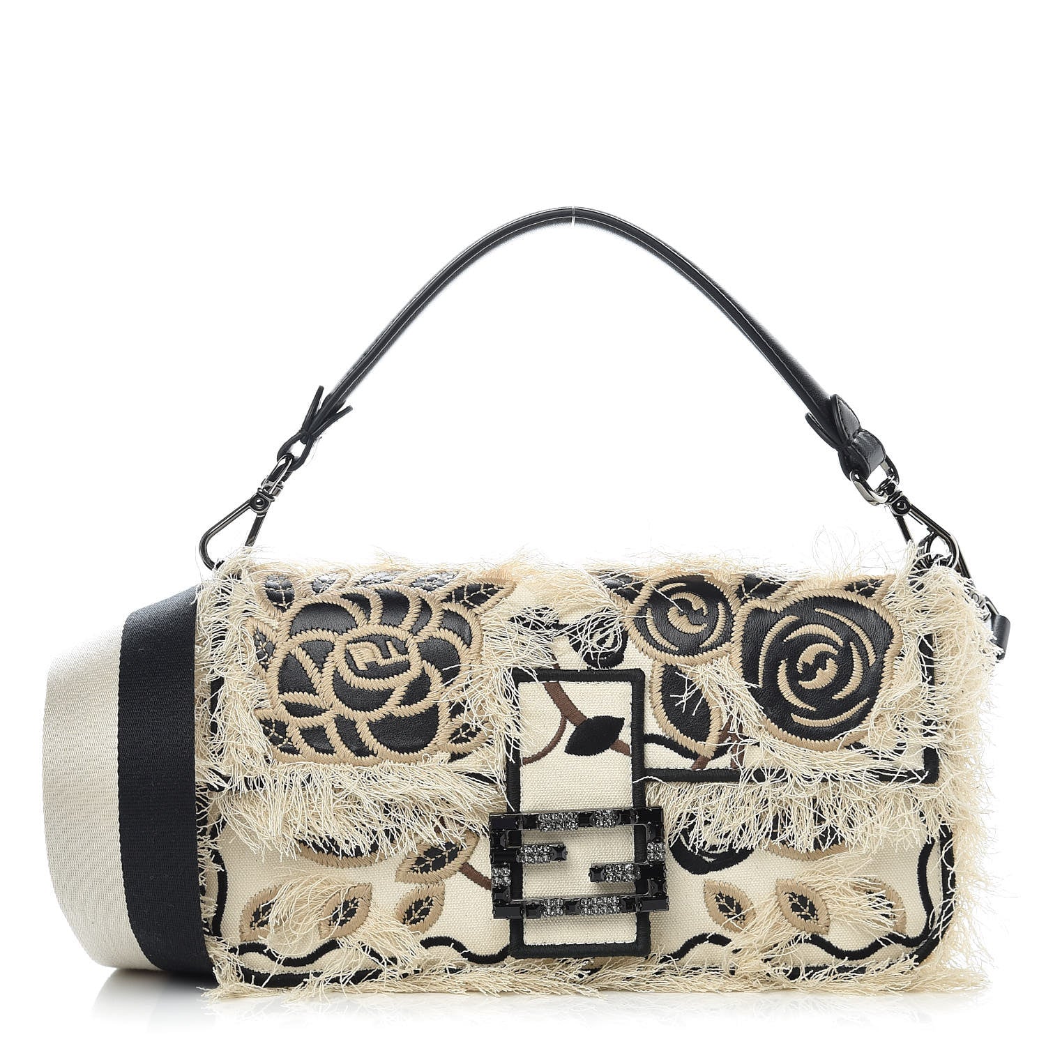 Fendi Canvas Nappa Rose Embroidered Baguette Grezzo Black 1 of 9