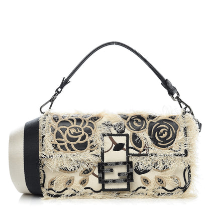Fendi Canvas Nappa Rose Embroidered Baguette Grezzo Black 1 of 9