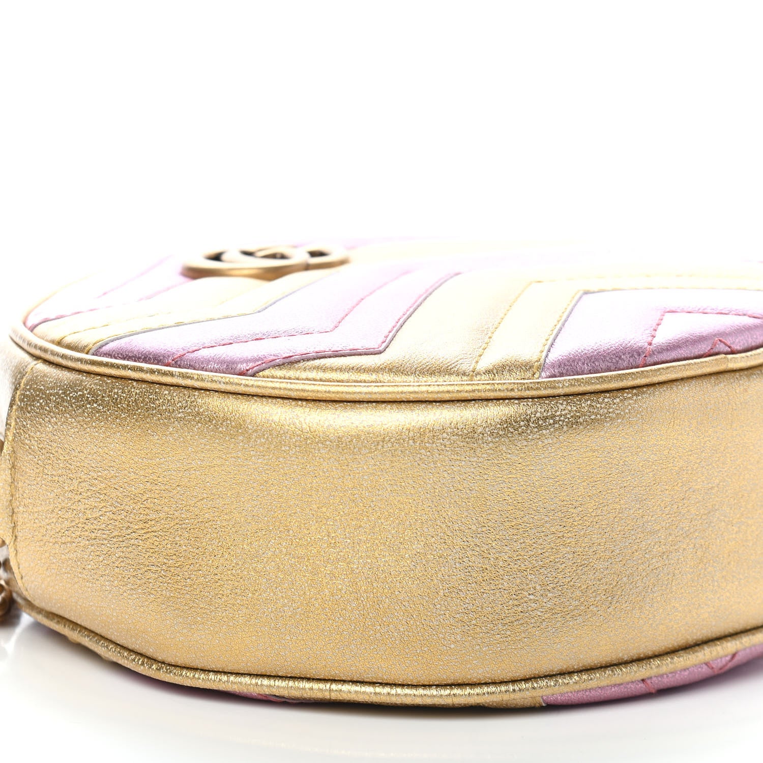 Gucci Metallic Calfskin Matelasse Mini GG Marmont Round Shoulder Bag Gold Pink 8 of 9