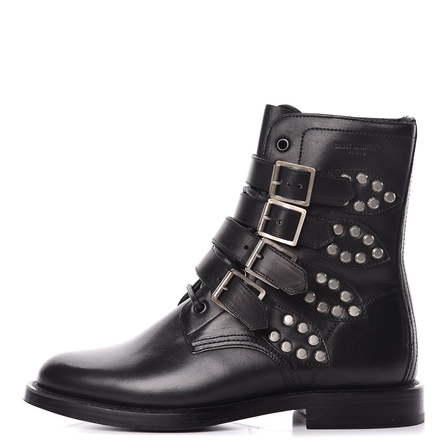 Saint Laurent Smooth Calfskin Studded Strap Rangers Boots 37 Black 1 of 11