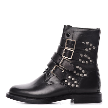 Saint Laurent Smooth Calfskin Studded Strap Rangers Boots 37 Black 1 of 11