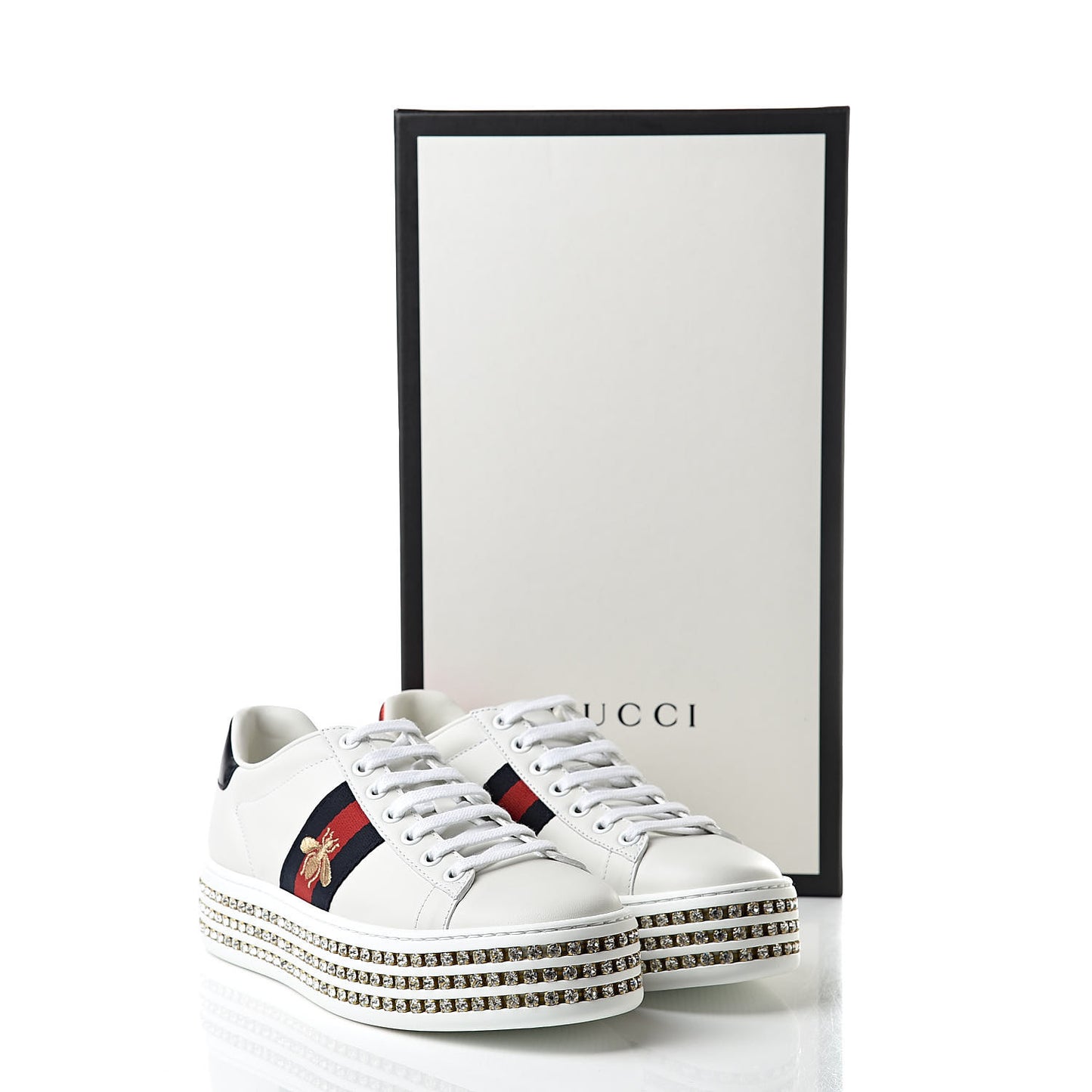 Calfskin Crystal Web Bee Embroidered Womens Ace Platform Sneakers 35.5 White