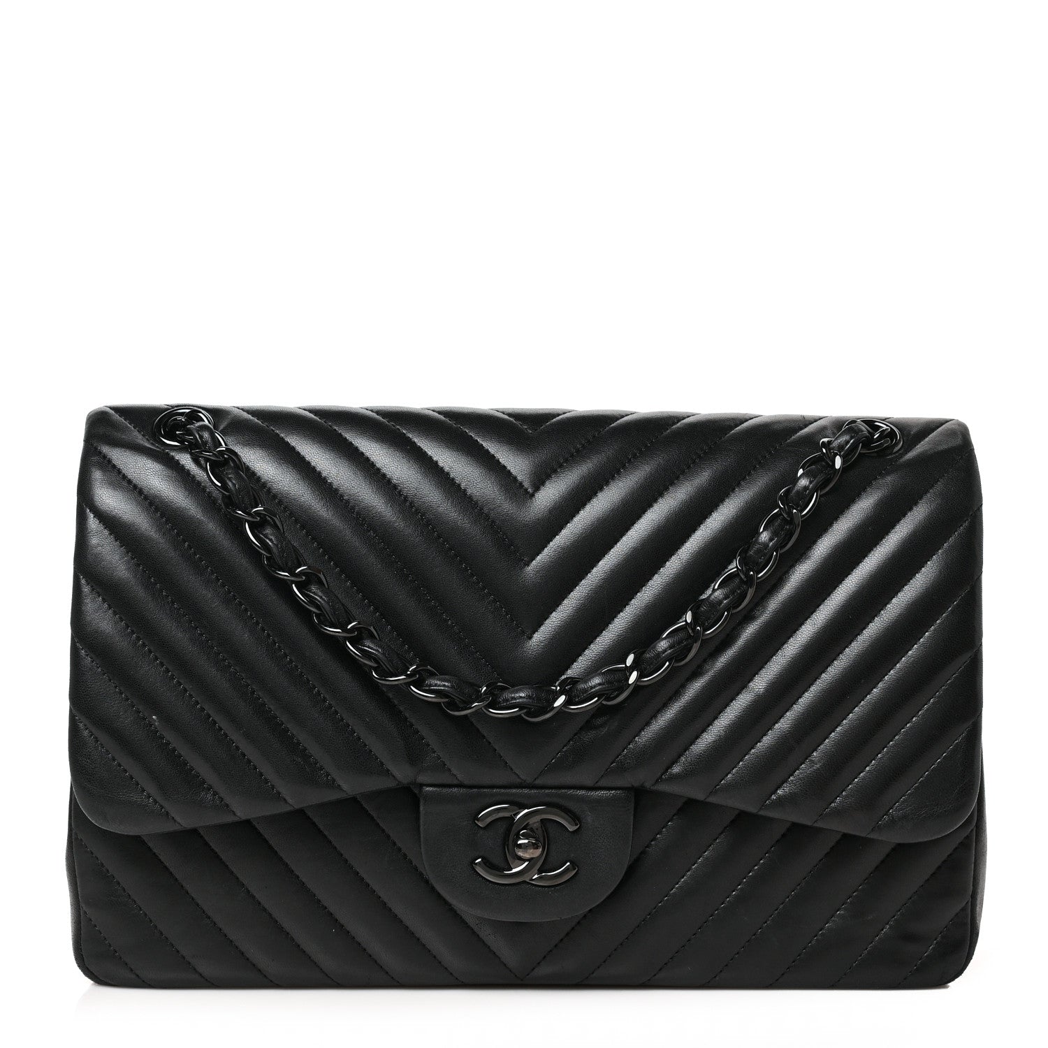 Chanel Lambskin Chevron Quilted Jumbo Double Flap So Black 1 of 9