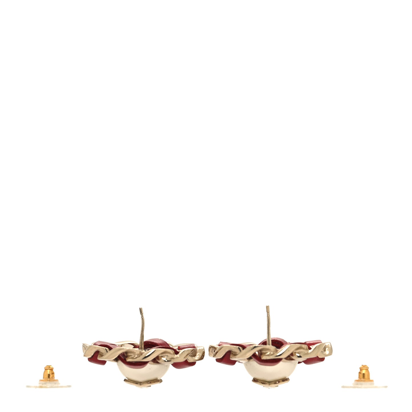 Pearl Lambskin Chain Around CC Earrings Gold Red