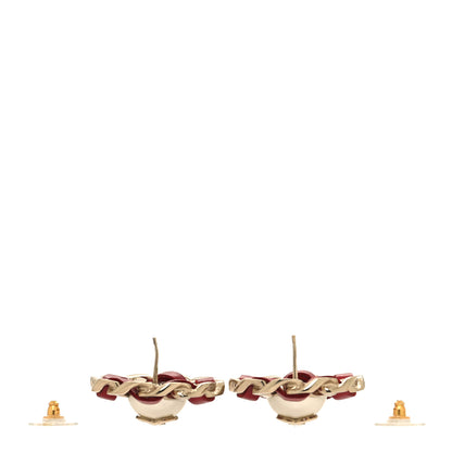 Chanel Pearl Lambskin Chain Around CC Earrings Gold Red 3 of 4