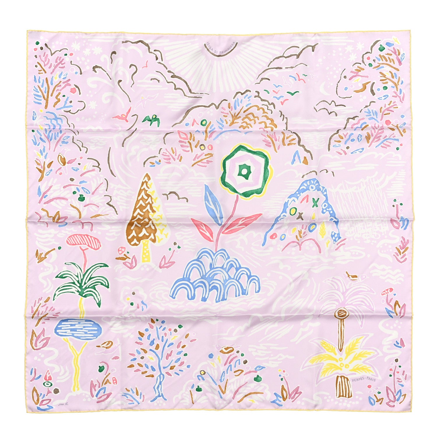 Hermes Silk Isola Di Primavera Scarf 90 Rose Pale Bleu Jaune 1 of 4