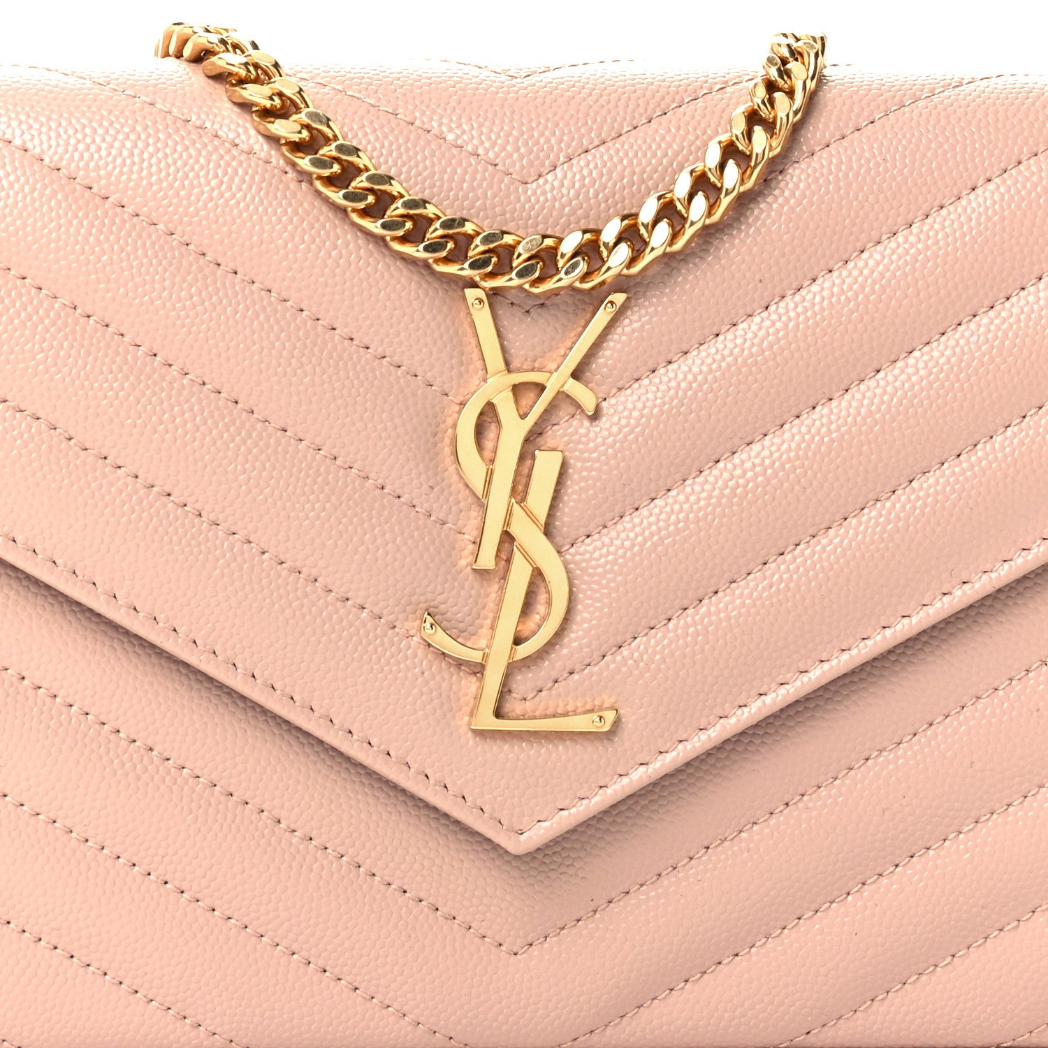 Saint Laurent Grain De Poudre Matelasse Chevron Monogram Chain Wallet Pale Pink 8 of 12