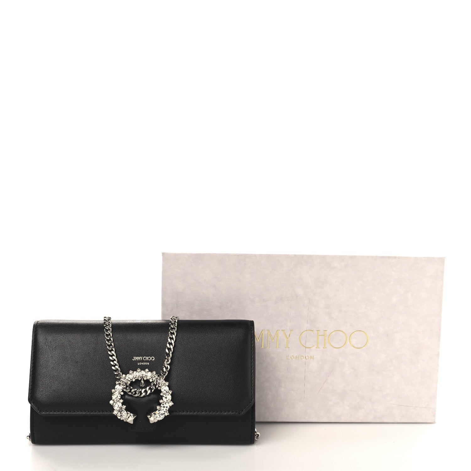 Jimmy Choo Smooth Calfskin Crystal Embellished Chain Wallet Black 10 of 10