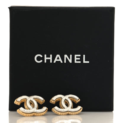Chanel Metal Enamel CC Earrings Gold White 5 of 5