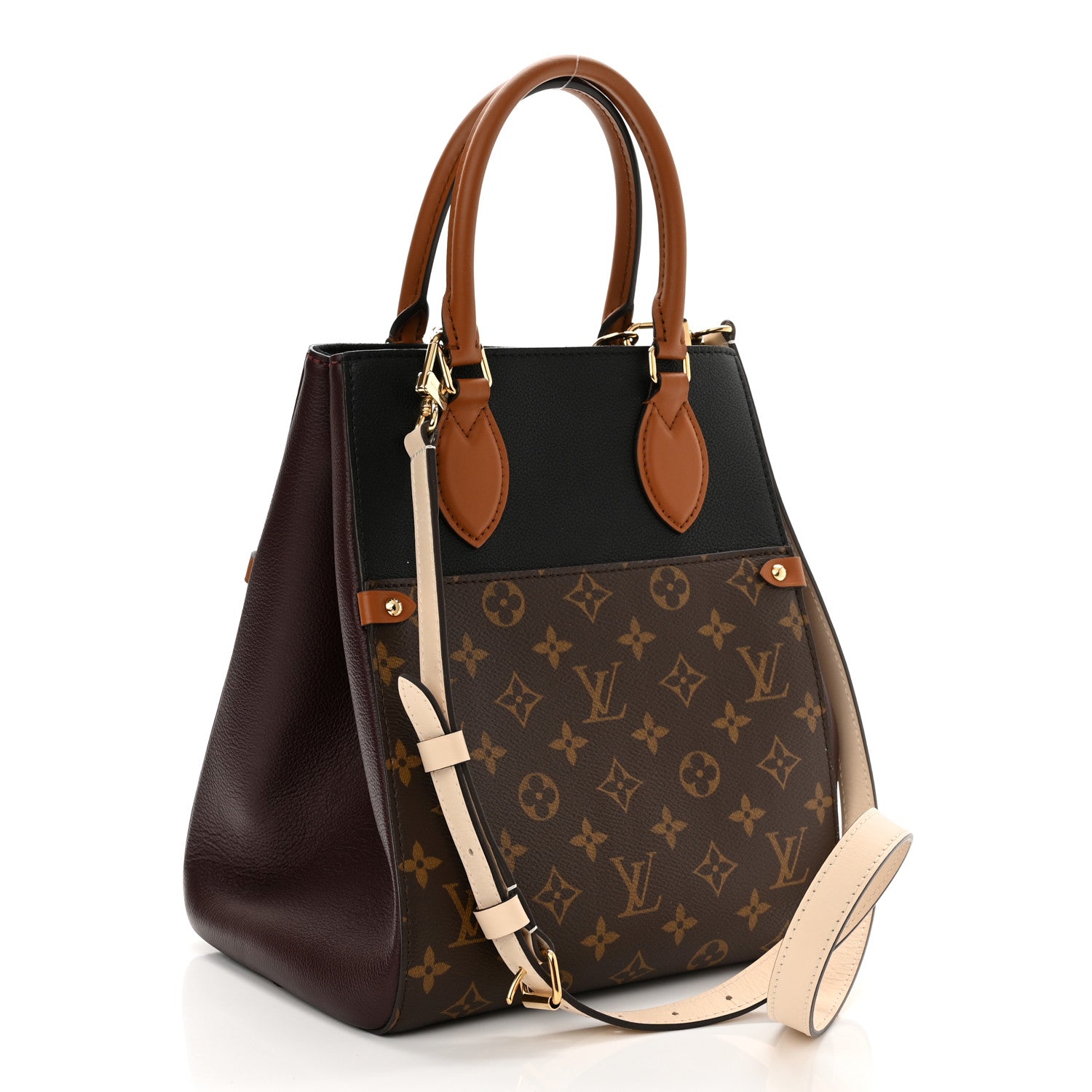 Louis Vuitton Calfskin Monogram Fold Tote MM Black Wine Cream 3 of 10