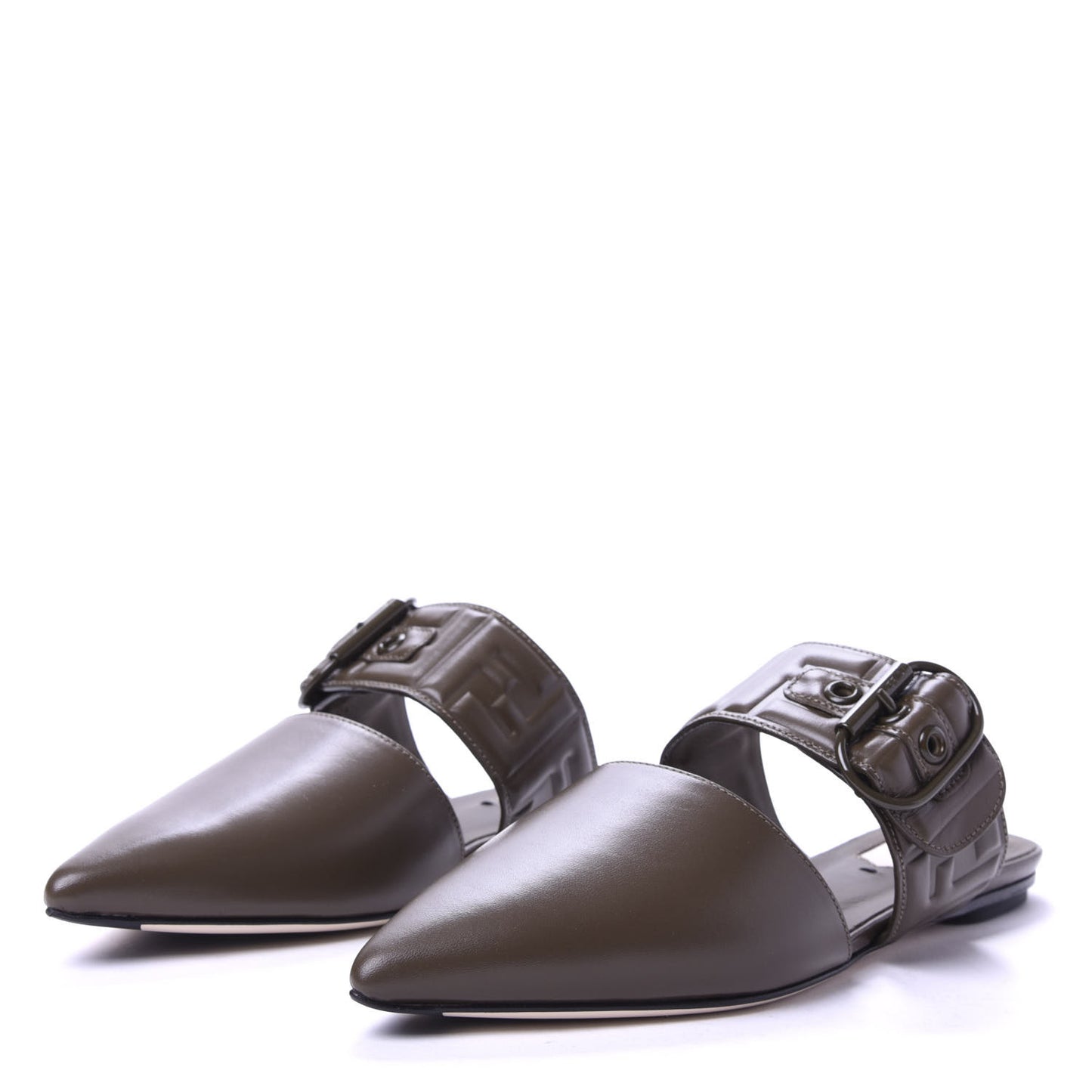Vitello FF Embossed Buckle Flat Mules 35.5 Wood