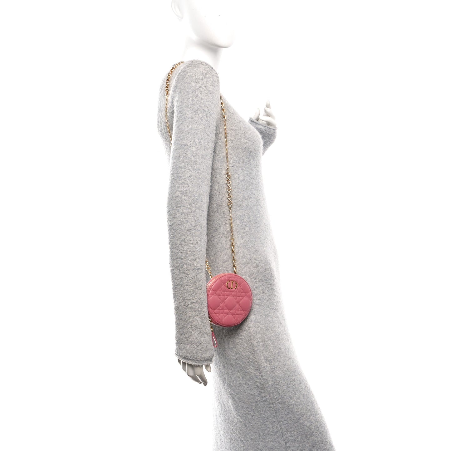 Calfskin Cannage Round Caro Pouch Pink Yarrow