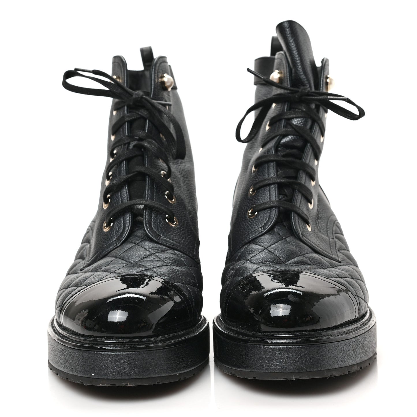 Pearly Calfskin Patent Calfskin Lace Up Combat Boots 40 Black