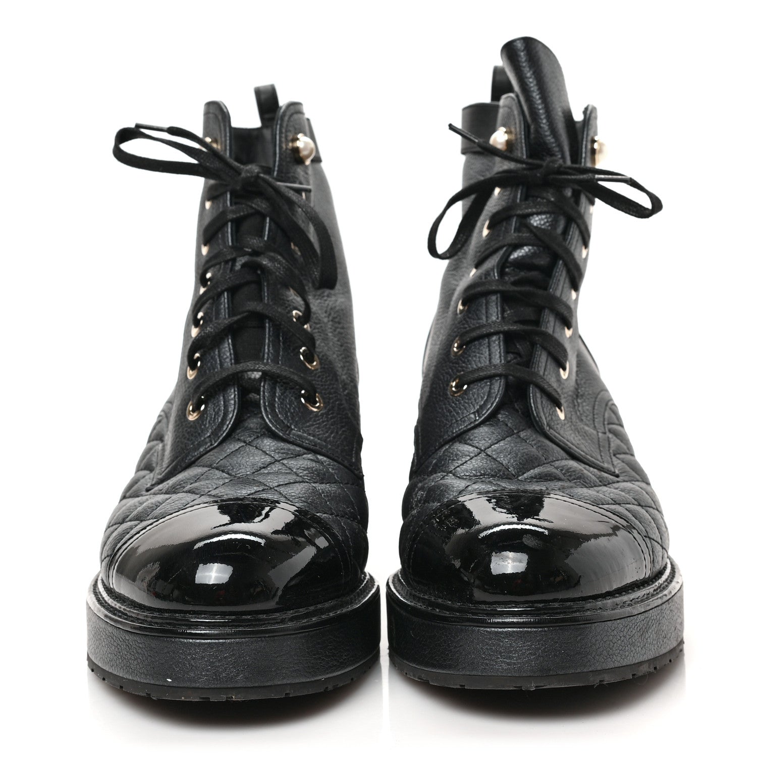 Chanel Pearly Calfskin Patent Calfskin Lace Up Combat Boots 40 Black 2 of 7