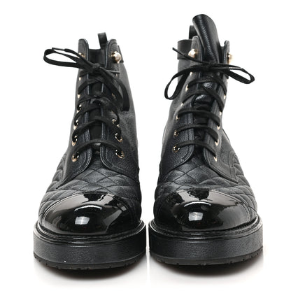 Chanel Pearly Calfskin Patent Calfskin Lace Up Combat Boots 40 Black 2 of 7