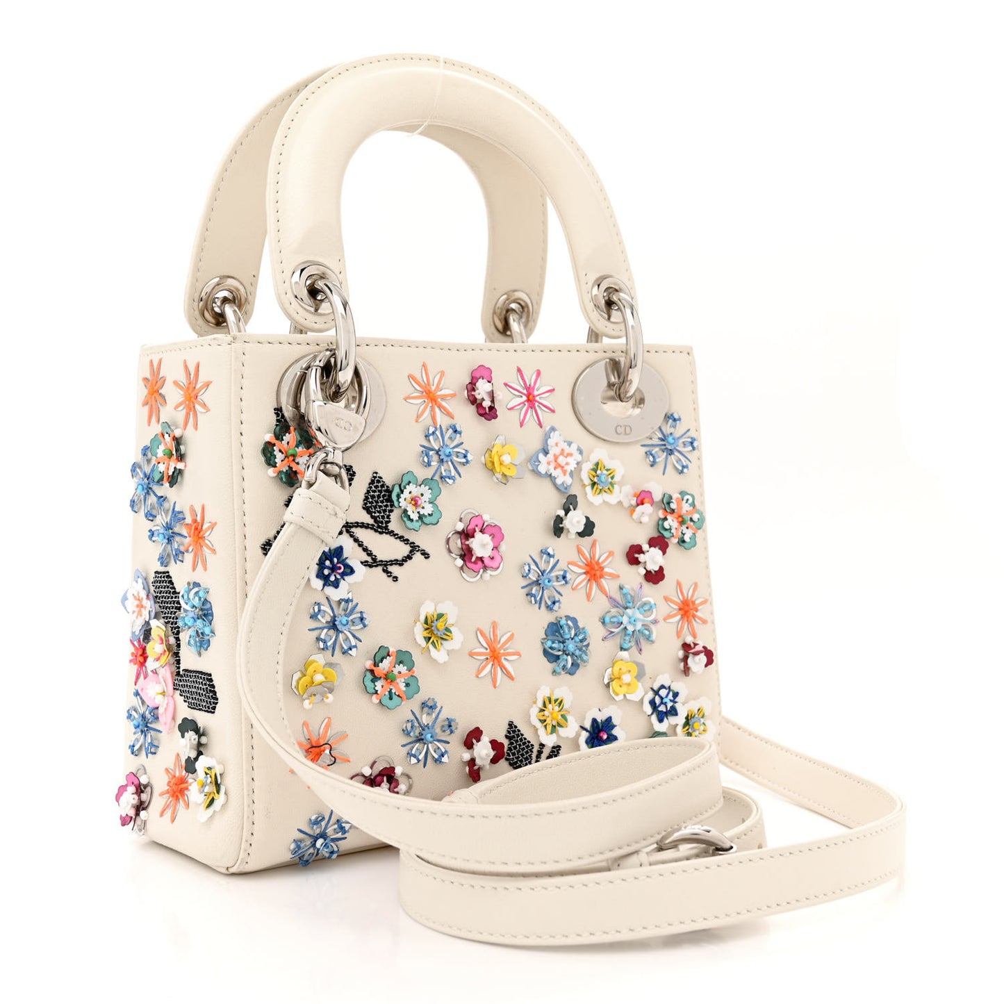 Calfskin Sequin Floral Embroidered Mini Lady Dior White Multicolor