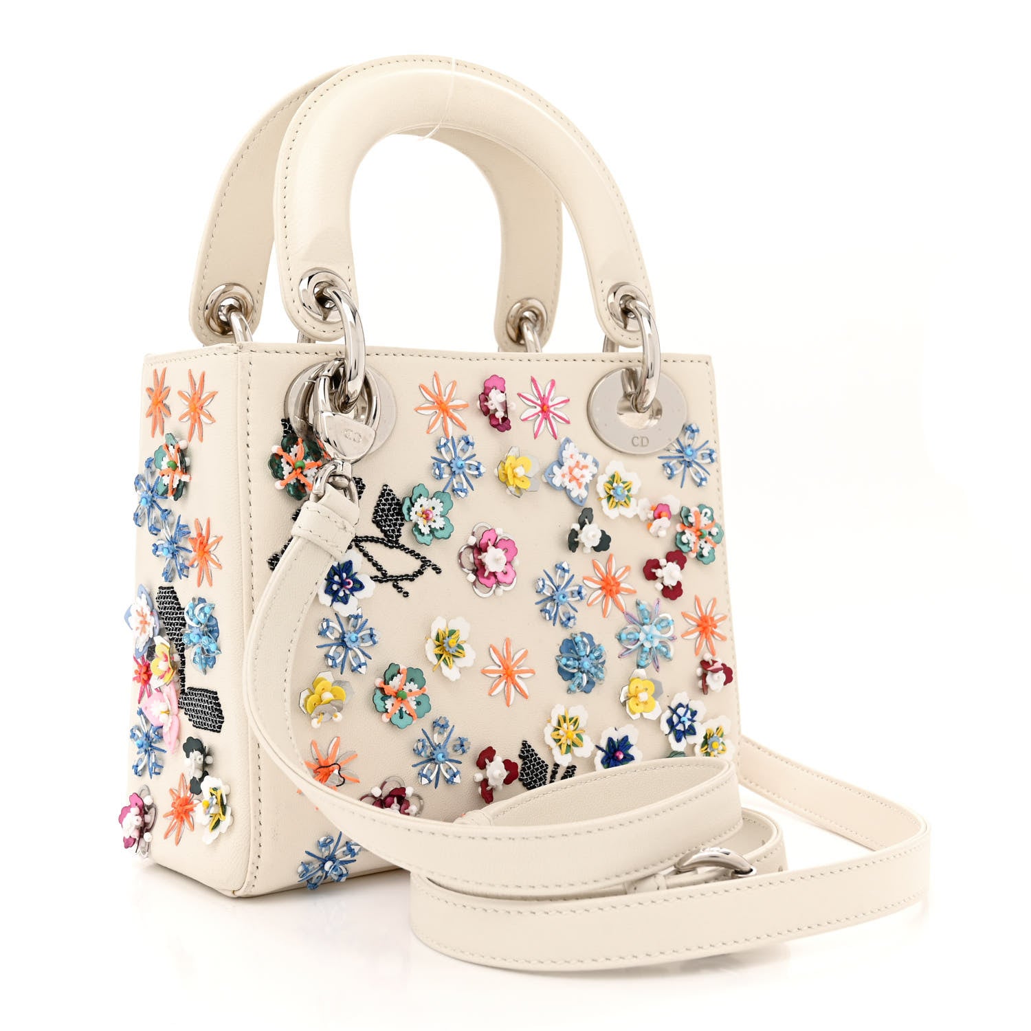 Christian Dior Calfskin Sequin Floral Embroidered Mini Lady Dior White Multicolor 3 of 12