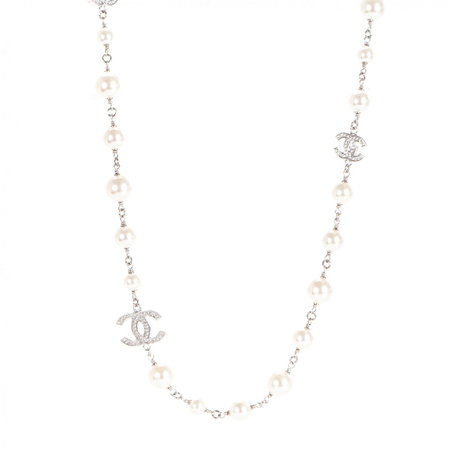 Crystal Pearl CC Long Necklace Silver