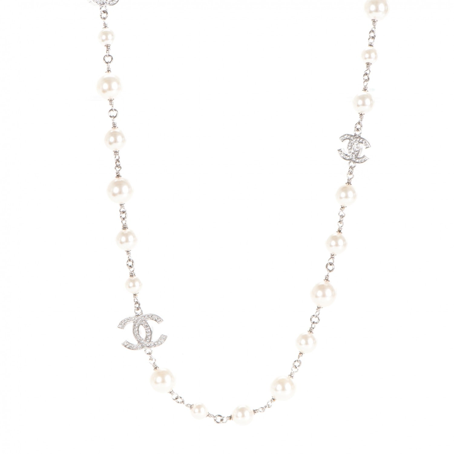 Chanel Crystal Pearl CC Long Necklace Silver 1 of 3