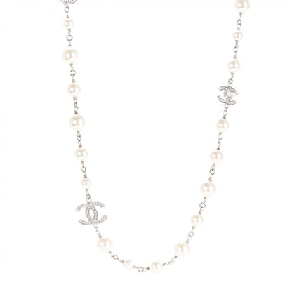 Chanel Crystal Pearl CC Long Necklace Silver 1 of 3