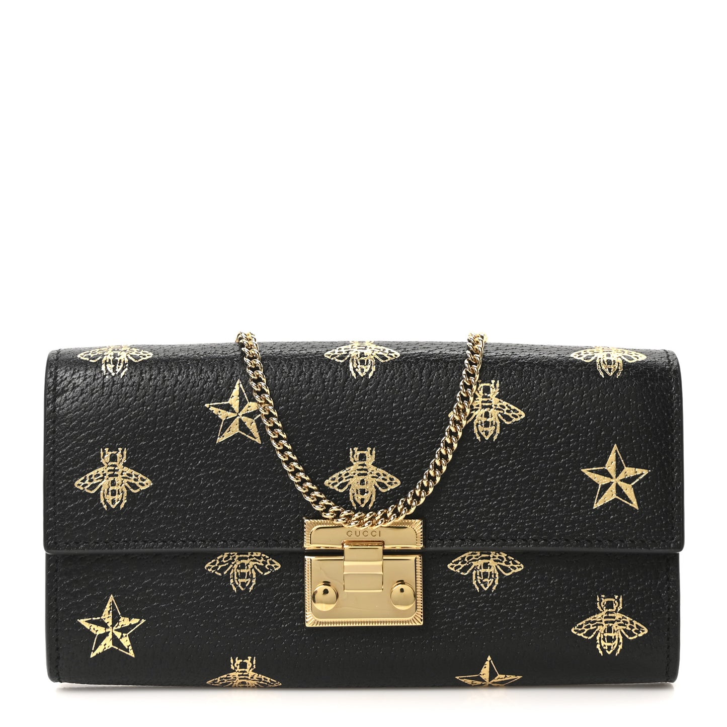 Grained Calfskin Bee Star Continental Chain Wallet Black