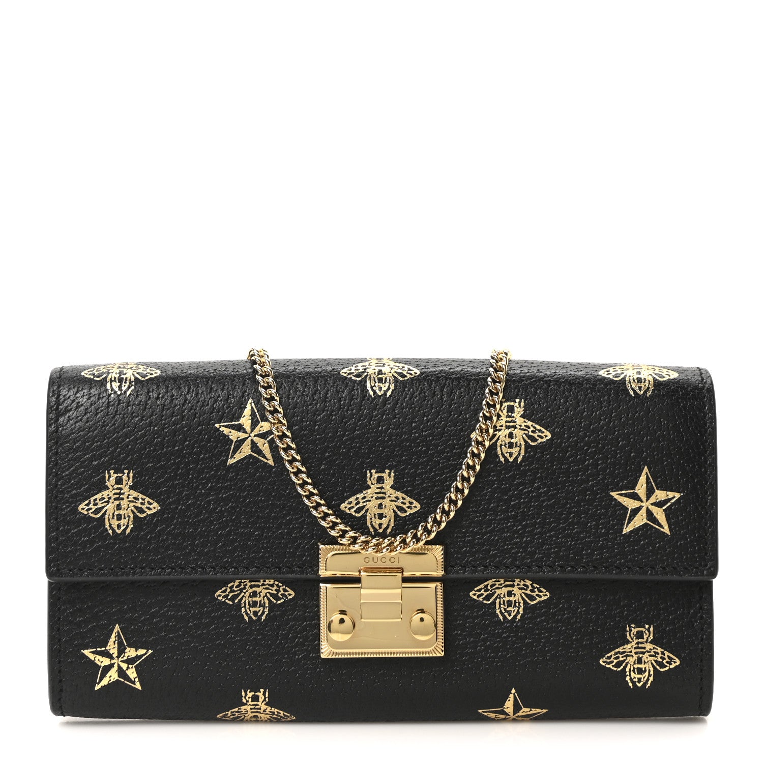 Gucci Grained Calfskin Bee Star Continental Chain Wallet Black 1 of 9