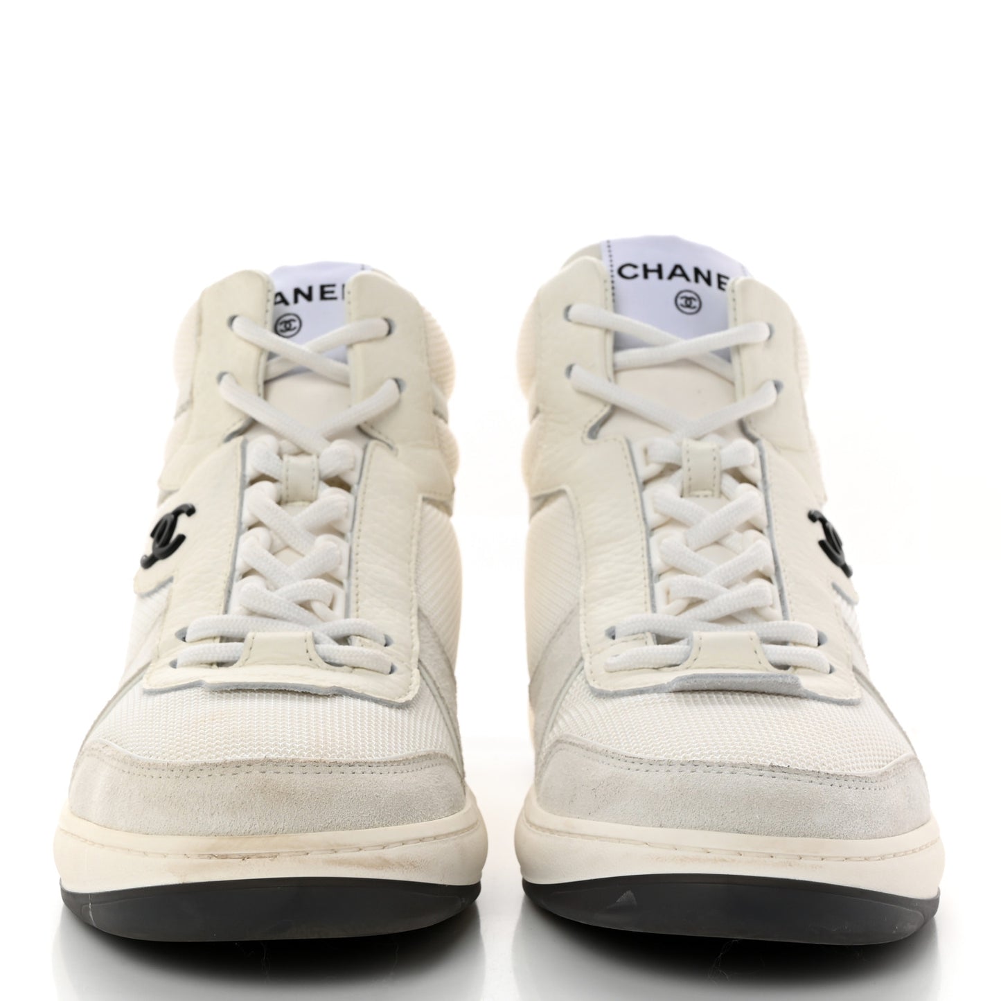 Suede Fabric Grained Calfskin Womens CC High Top Sneakers 37 White