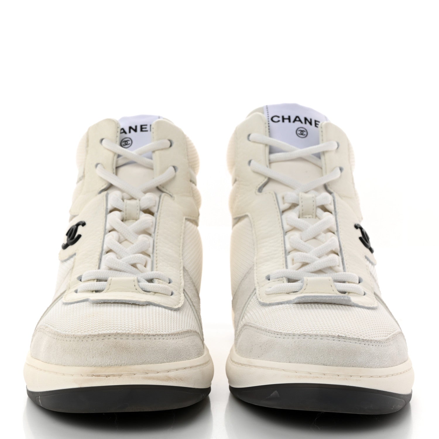 Chanel Suede Fabric Grained Calfskin Womens CC High Top Sneakers 37 White 2 of 12