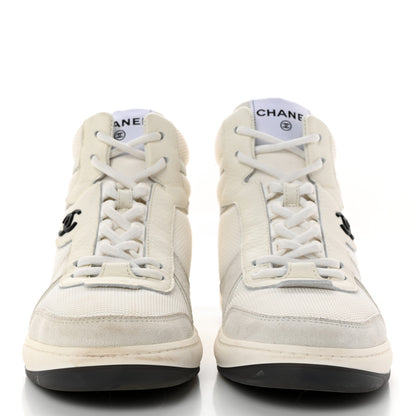 Chanel Suede Fabric Grained Calfskin Womens CC High Top Sneakers 37 White 2 of 12