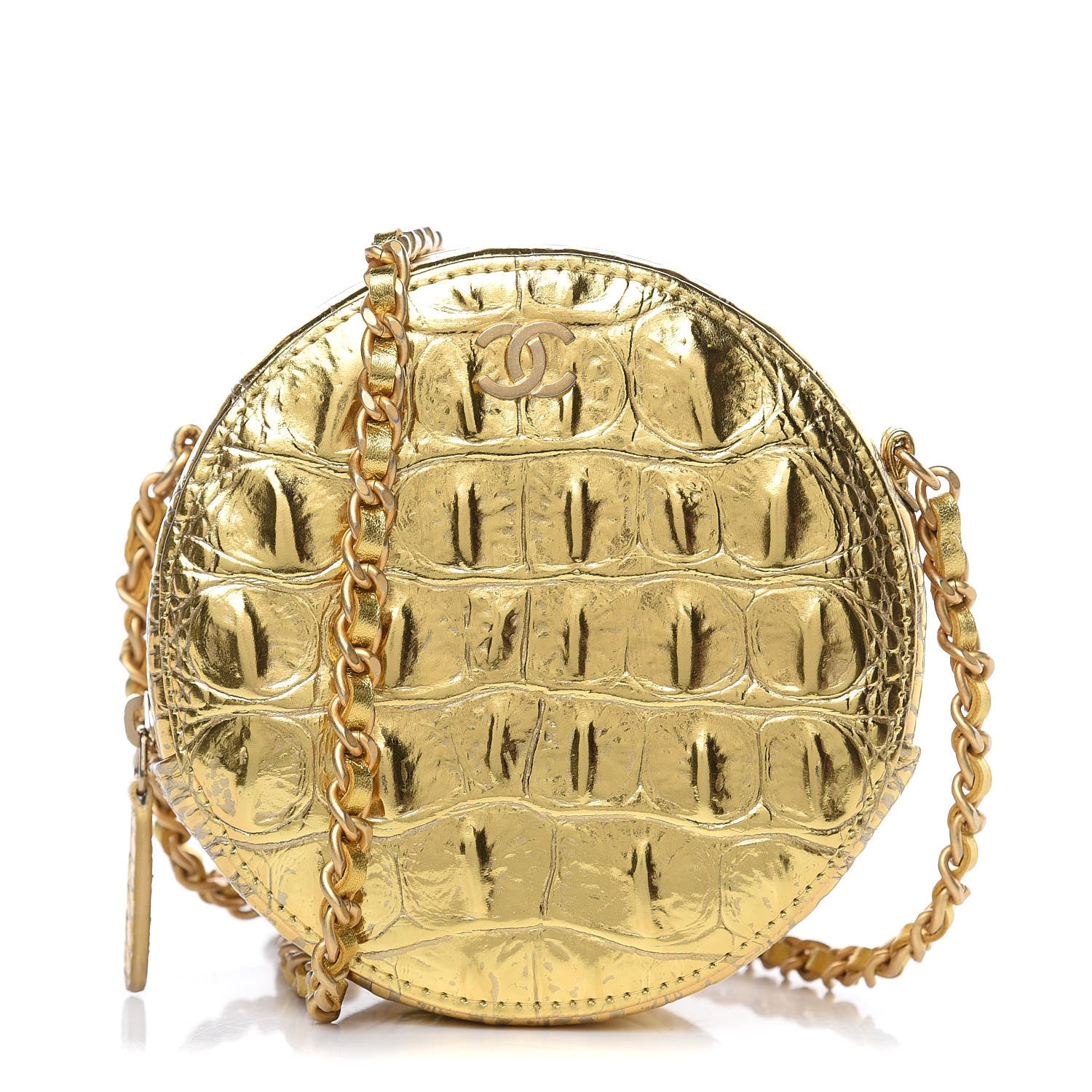 Chanel Metallic Calfskin Crocodile Embossed Cocodile Round Clutch with Chain Gold 1 of 8