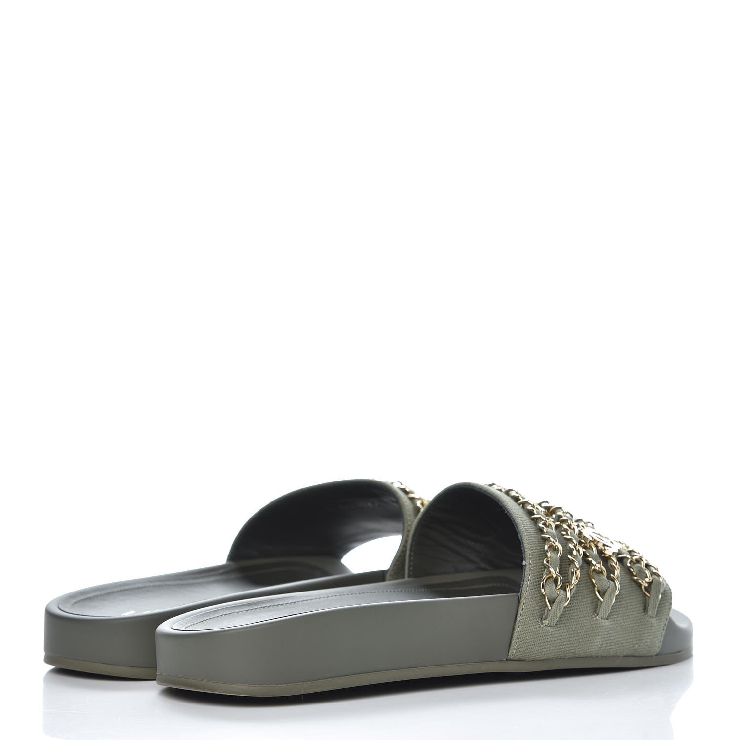 Chanel Canvas Chain Flat Sandals 38 Khaki 4 of 11