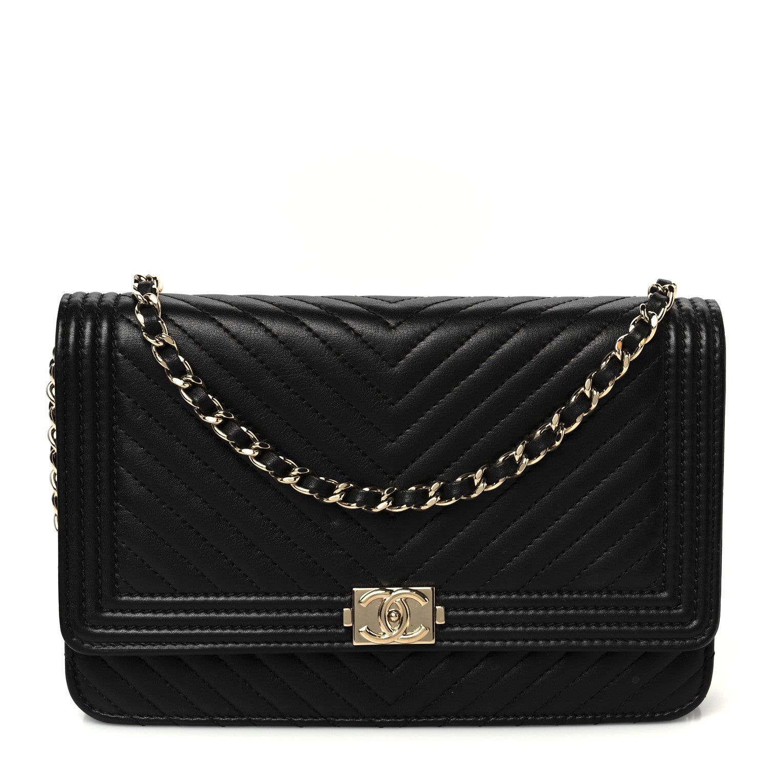 Chanel Calfskin Chevron Boy Wallet On Chain WOC Black 1 of 11