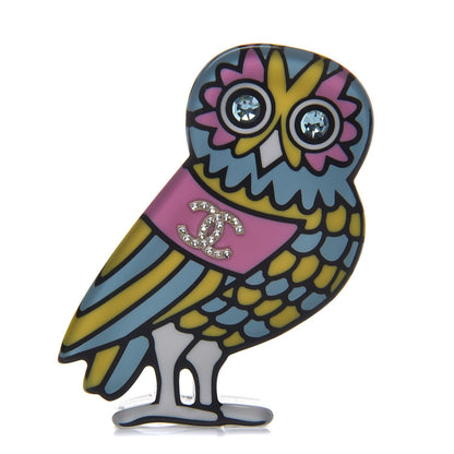 Chanel Resin Crystal Owl CC Brooch Blue Yellow Golden 1 of 5