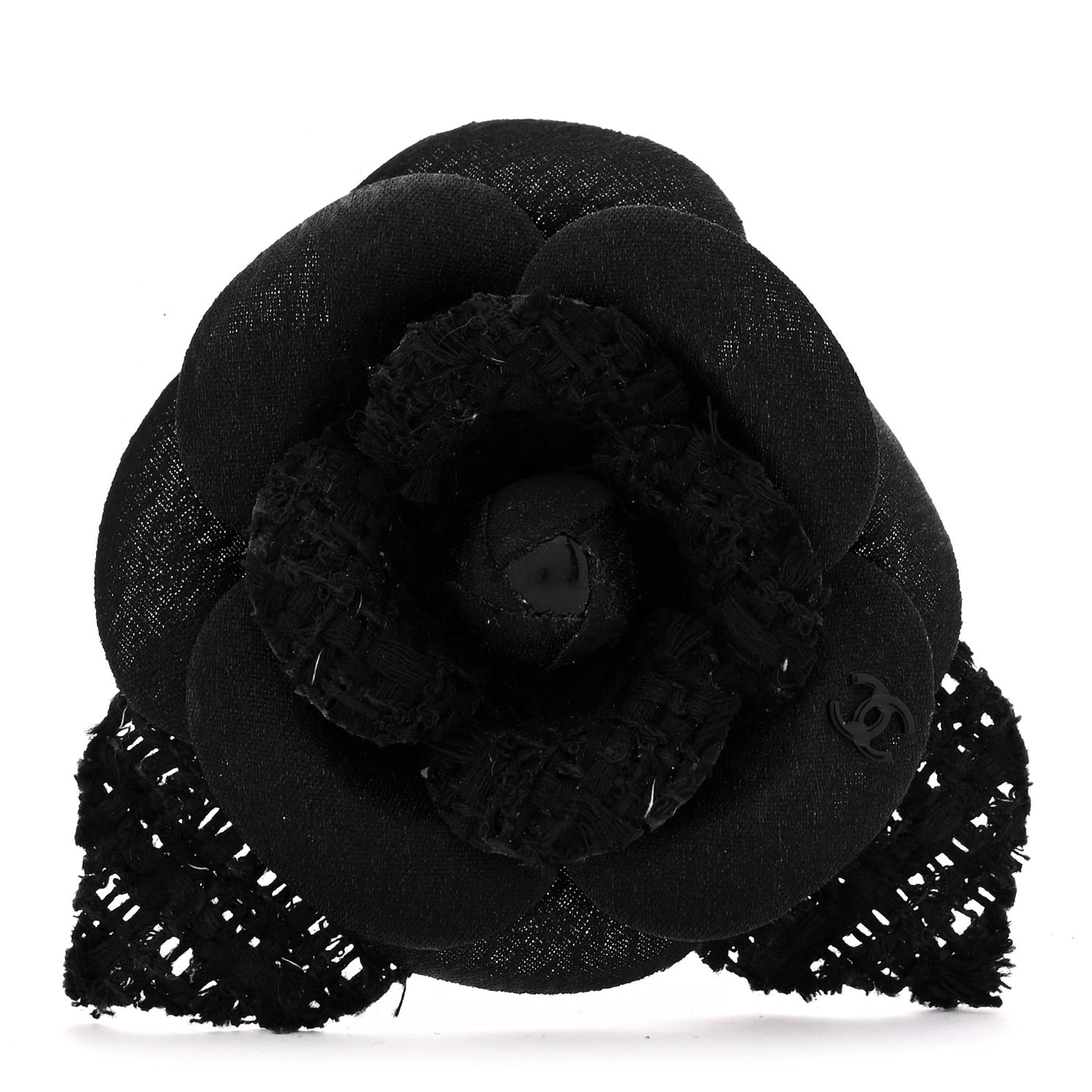 Tweed Camellia Pin Brooch Black