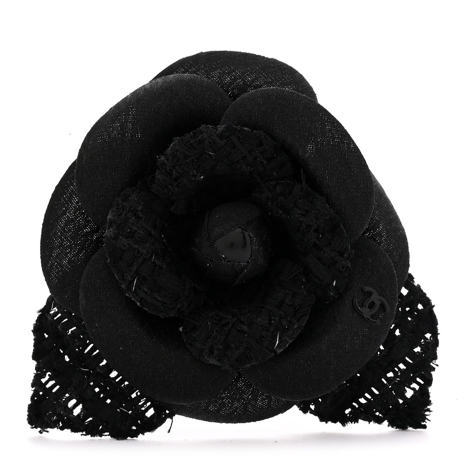 Chanel Tweed Camellia Pin Brooch Black 1 of 3