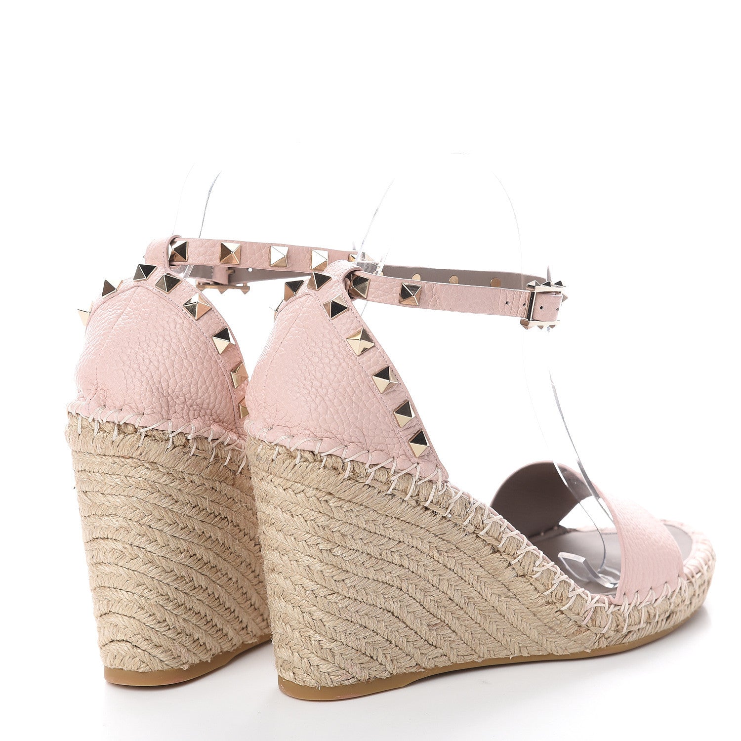 Valentino Garavani Grained Calfskin Rockstud Ankle Strap Espadrille 15/105mm Wedge Sandals 39 Rose Quartz Natural 4 of 6