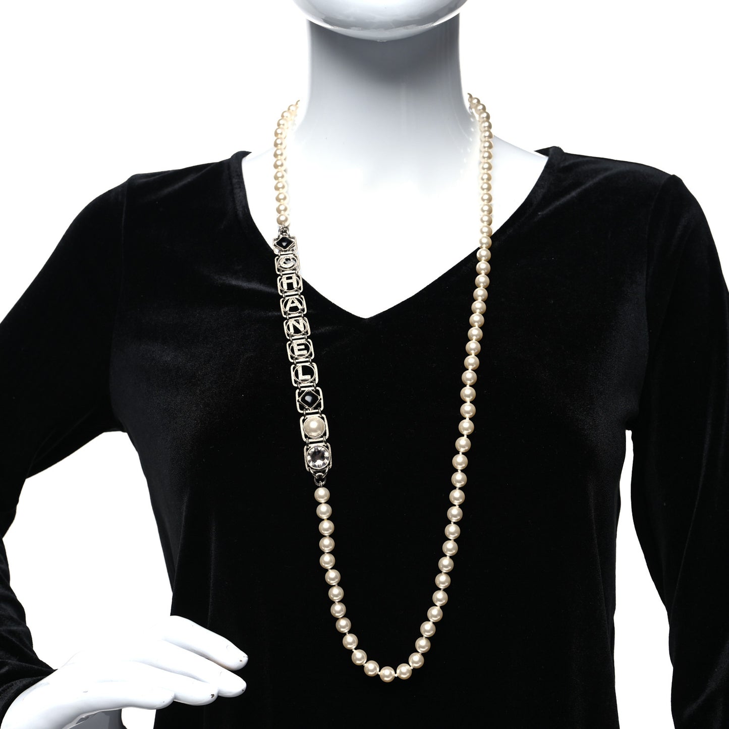 Crystal Pearl Resin Chanel Logo Long Necklace Silver Pearly White Black