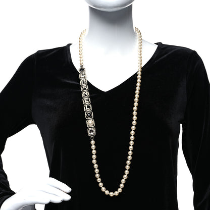 Chanel Crystal Pearl Resin Chanel Logo Long Necklace Silver Pearly White Black 2 of 5