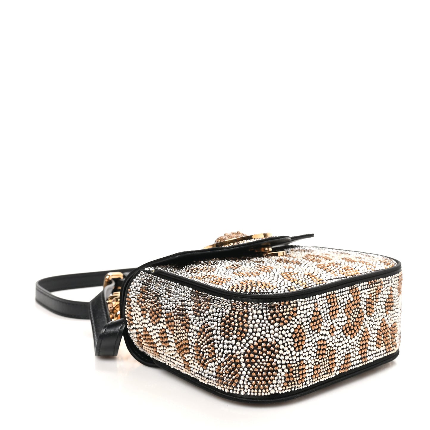 Satin Crystal Studded Leopard Mini La Medusa Bag Black